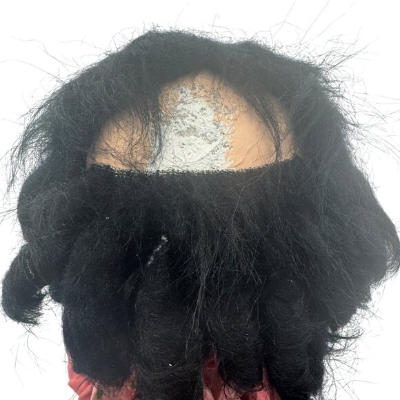 Handmade Vintage Paper Mache Doll With Strawberry Print Apron & Curly Black Hair - Picture 4 of 8